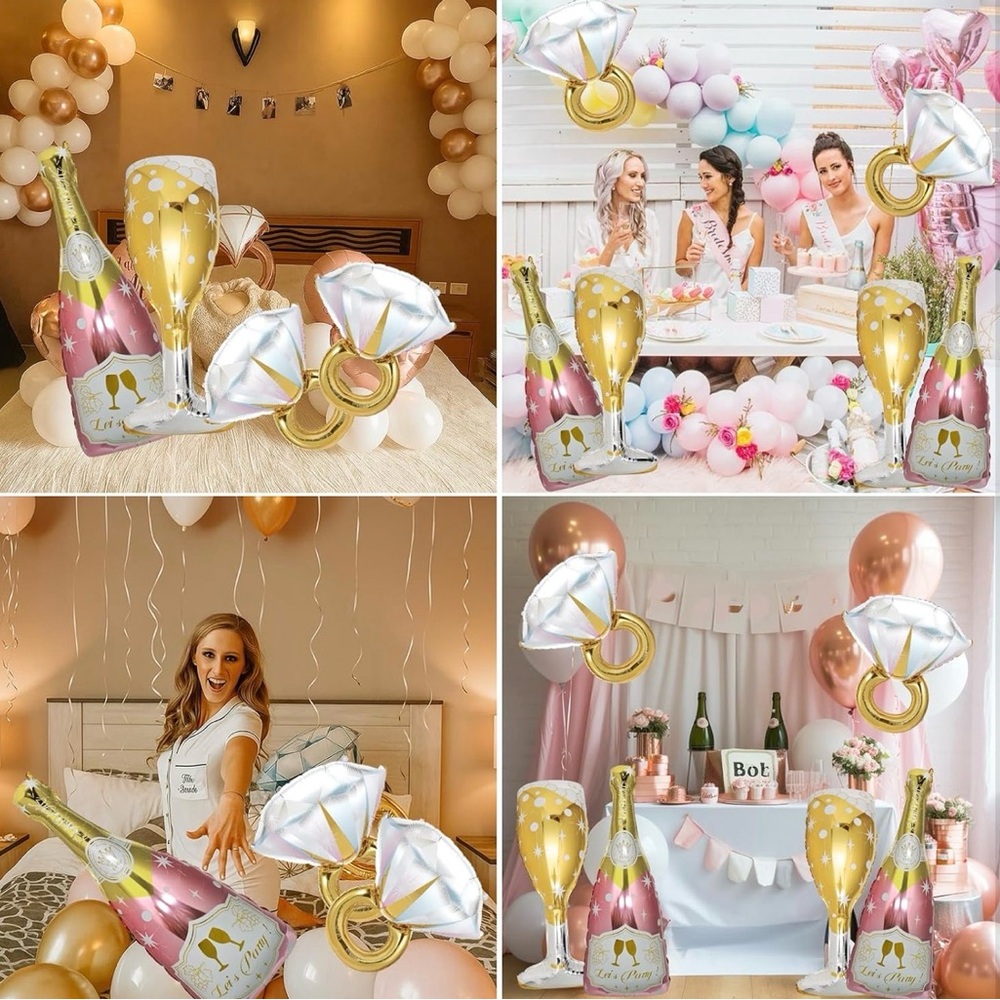 Diamond Ring Foil Balloons - White and Gold (4 Pack) - Picture 2 of 3